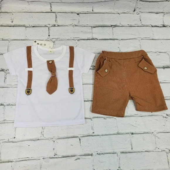 2T Brown Faux Suit Shorts Baby Boys 2 pcs Outfit. T-Shirt and Shorts Set - Picture 12 of 12